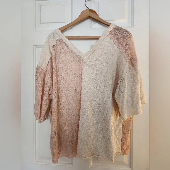 Pol Floral Lace Top Tee Cotton Size Large Pink & Cream Feminine Romantic - Picture 2 of 10
